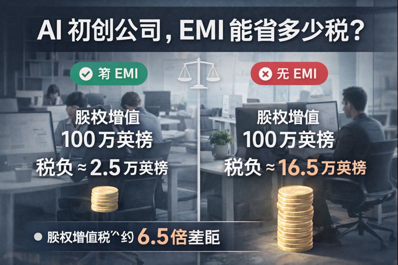 一个 AI 初创公司中，有 EMI 与无 EMI 的真实税负差异