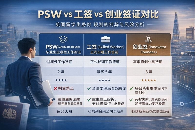 PSW vs 工签 vs 创业签证对比｜英国留学生与创业者签证选择指南