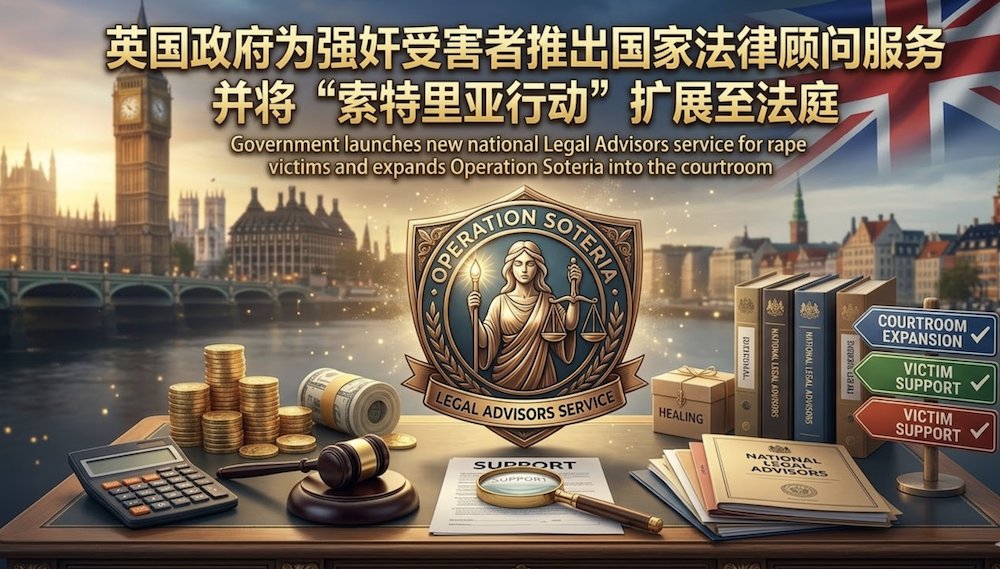 英国政府为强奸受害者推出国家法律顾问服务，并将“索特里亚行动”扩展至法庭