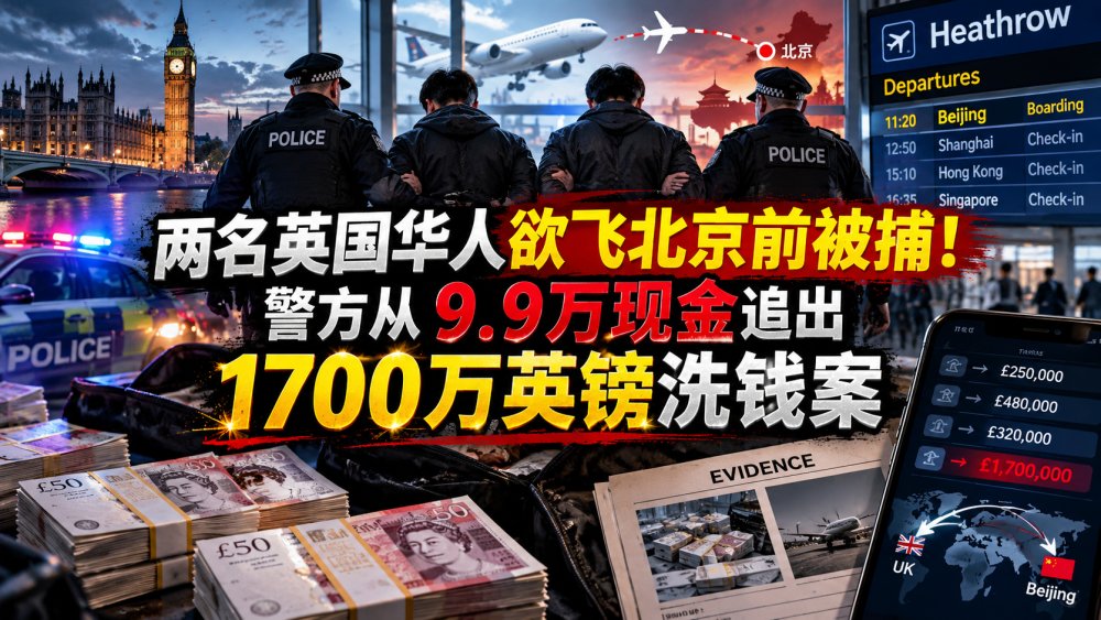 两名英国华人欲飞北京前被捕！警方从9.9万现金追出1700万英镑洗钱案